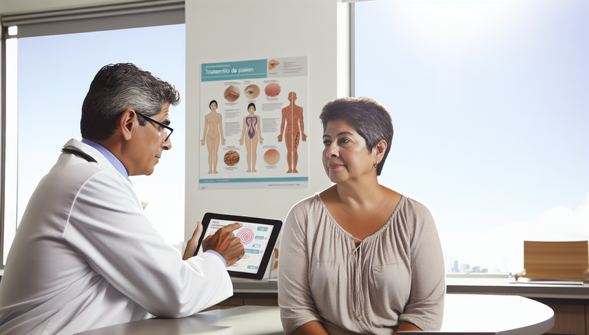 Consulta médica en una sala bien iluminada. Un médico hispano de mediana edad, con bata blanca y gafas, explica un plan de tratamiento a una paciente hispana de unos 50 años, mostrando un diagrama de capas de piel en una tableta digital. En el escritorio hay folletos sobre 'Tratamiento del Cáncer de Piel' y un modelo de piel humana. Al fondo, un póster ilustra tratamientos de cáncer de piel como la escisión quirúrgica y la crioterapia. La atmósfera es profesional y tranquilizadora.