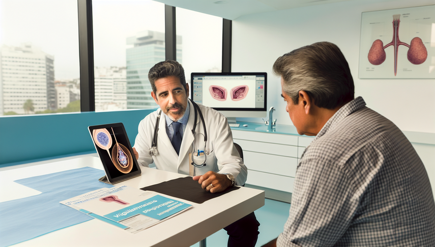 Un médico hispano de mediana edad, con bata blanca y estetoscopio, explica opciones de tratamiento para el cáncer de próstata a un paciente hispano mayor. El médico utiliza una tableta digital que muestra un modelo 3D de la glándula prostática. En el escritorio hay folletos médicos en español sobre 'Vigilancia Activa,' 'Radioterapia,' y 'Cirugía.' La consulta es moderna y bien iluminada, con una ventana que muestra un paisaje urbano. La escena refleja una relación colaborativa entre médico y paciente.