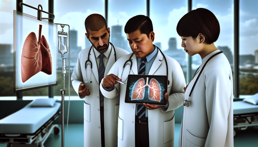 Fotografía de un entorno médico moderno con tres doctores diversos discutiendo sobre el tratamiento del cáncer de pulmón. Un doctor hispano sostiene una tableta con un modelo 3D de pulmones, mientras un doctor caucásico señala y un doctor asiático escucha. La imagen destaca la colaboración profesional en un hospital metropolitano, con énfasis en cirugía, quimioterapia basada en platino e inmunoterapia.