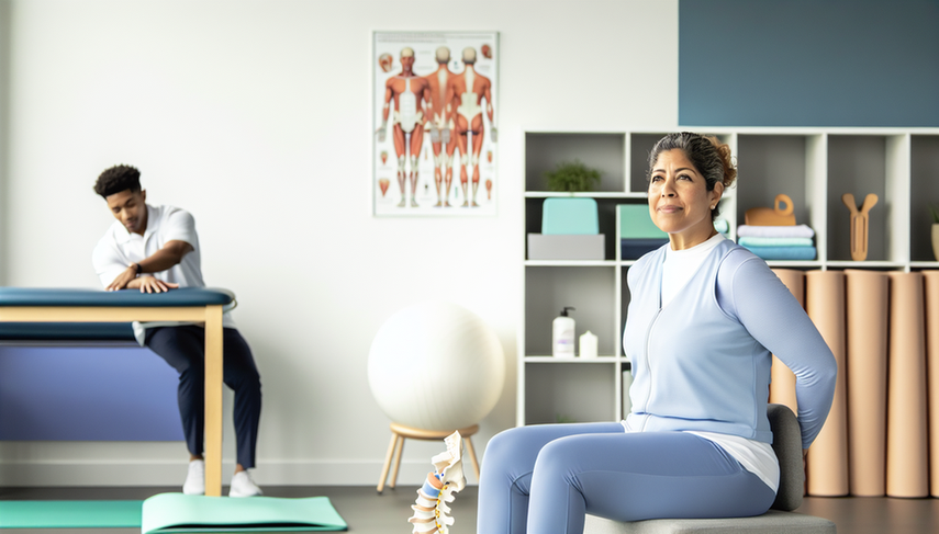 Mujer hispana de mediana edad en una clínica de fisioterapia moderna, realizando un ejercicio suave de estiramiento de cuello. En el fondo, un fisioterapeuta hispano demuestra otro ejercicio con un modelo de columna cervical. En una mesa cercana, hay un collarín cervical y un frasco de gel para el alivio del dolor. La imagen refleja un ambiente profesional y acogedor, centrado en el tratamiento terapéutico de la cervicalgia.