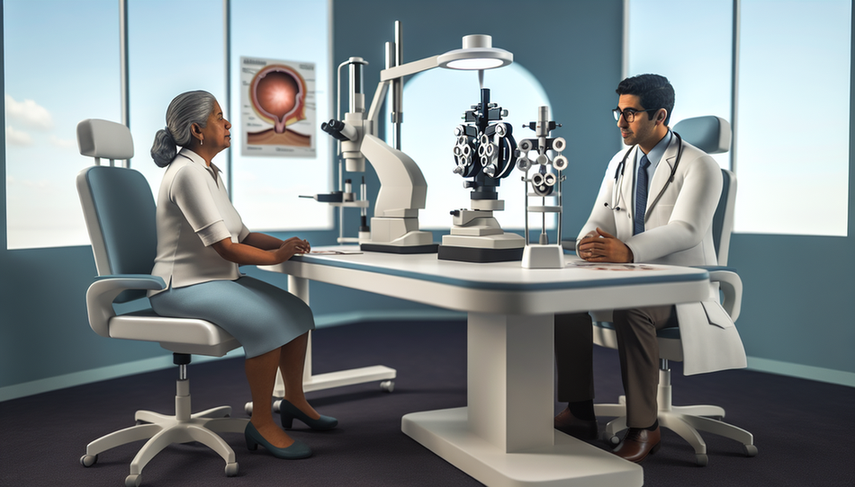 Un oftalmólogo hispano de mediana edad, con bata blanca y gafas, explica a una paciente hispana de unos 60 años los tratamientos para el desprendimiento de retina. En la mesa hay modelos médicos del ojo que ilustran procedimientos como la retinopexia neumática, la vitrectomía y la cirugía de cerclaje escleral. Al fondo, se observan equipos avanzados de oftalmología. La imagen destaca la interacción educativa entre el médico y la paciente.