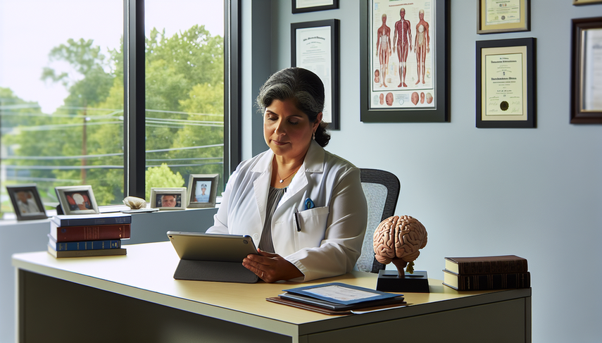 Doctora hispana de mediana edad en un consultorio médico revisando un expediente médico en una tableta, con libros médicos y un modelo de cerebro en el escritorio, simbolizando el estudio neurológico. Al fondo, diplomas en la pared y un póster del sistema nervioso, con luz natural entrando por una ventana.