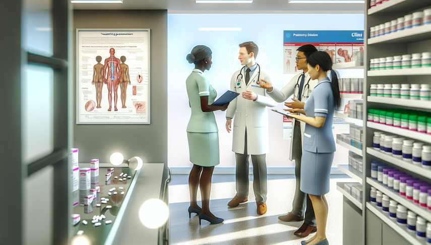 Grupo diverso de profesionales de la salud en una clínica moderna, incluyendo un médico hispano, una enfermera negra y una farmacéutica asiática, discutiendo sobre el tratamiento y prevención de enfermedades de transmisión sexual, con un enfoque en el sistema reproductivo humano. El ambiente es profesional y colaborativo, destacando la importancia del trabajo en equipo y la dedicación al cuidado del paciente.
