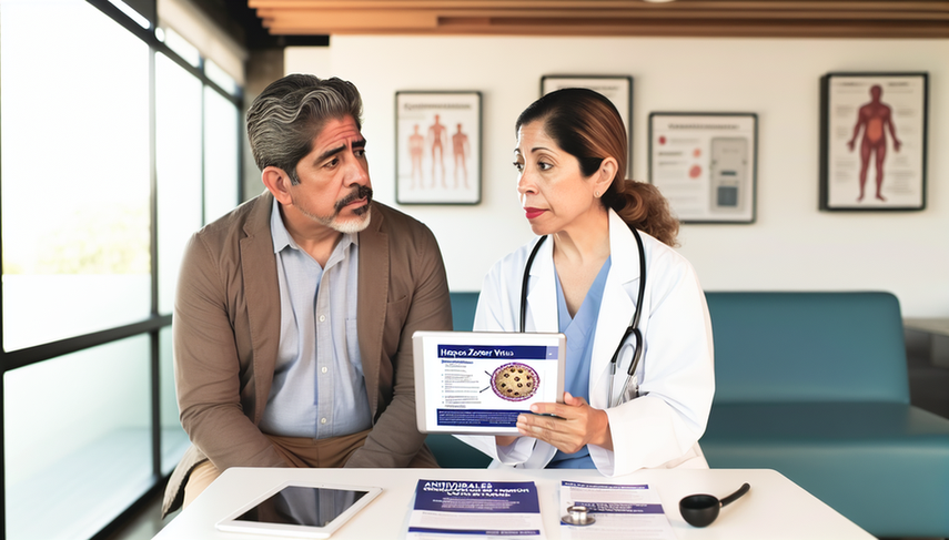 Paciente hispano de mediana edad en consulta médica, escuchando a doctora hispana que explica opciones de tratamiento para el herpes zóster. La doctora sostiene una tableta con un diagrama del virus. En el escritorio hay folletos sobre antivirales, control del dolor y prevención de complicaciones. Ambiente profesional y colaborativo.