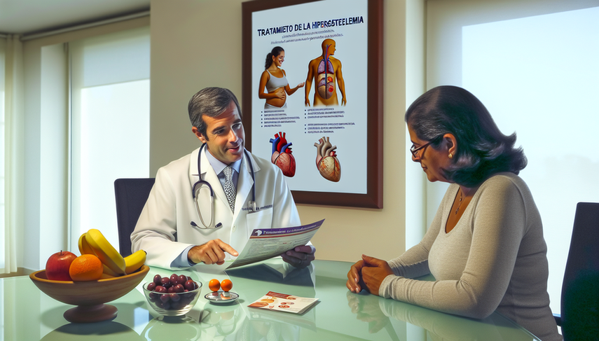 Consultorio médico moderno y sereno con un doctor hispano de mediana edad explicando opciones de tratamiento para la hipercolesterolemia a un paciente. El doctor sostiene un folleto sobre tratamiento de hipercolesterolemia, destacando alimentos saludables y ejercicio. En el escritorio hay modelos de un corazón y arterias, junto a frutas frescas y un vaso de agua, simbolizando medidas no farmacológicas. Un póster en la pared resalta los beneficios de las estatinas y cambios en el estilo de vida para el manejo del colesterol.