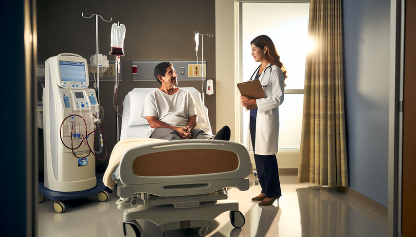 Paciente hispano de mediana edad en una cama de hospital conversando con una doctora hispana, con una máquina de diálisis en el fondo, simbolizando el tratamiento de la insuficiencia renal crónica.