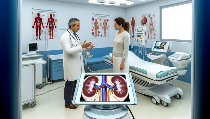 Fotografía de un médico hispano de mediana edad en un hospital español, explicando a una paciente el tratamiento de litiasis renal. El médico muestra un modelo 3D de un riñón con cálculos en una tableta digital. Al fondo, se observa una máquina de litotricia y un endoscopio, destacando la tecnología avanzada para el tratamiento de cálculos renales.