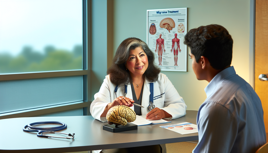 Una consulta médica enfocada en el tratamiento de la migraña, con una doctora hispana explicando opciones de tratamiento a un paciente hispano. La doctora sostiene un modelo del cerebro, señalando áreas relacionadas con las migrañas. En el escritorio hay folletos sobre 'Triptanes' y 'Prevención de Migrañas' en español. El ambiente es profesional y acogedor, destacando un enfoque de apoyo en el manejo de la migraña.