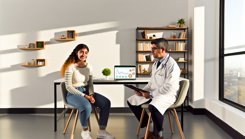 Consultorio médico iluminado con luz natural, donde un médico hispano de mediana edad, con expresión amable, escucha atentamente a una paciente joven. En el escritorio hay libros médicos abiertos y una laptop con un gráfico, simbolizando un enfoque integrado en el tratamiento de comorbilidades psiquiátricas y físicas.