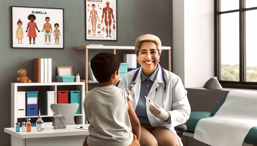 Fotografía de un consultorio pediátrico moderno con un médico hispano de mediana edad, sonriendo mientras sostiene una jeringa con vacuna. Un niño hispano de 5 años, acompañado de un padre, está sentado en la camilla, luciendo tranquilo. La escena resalta la importancia de la vacunación para prevenir la rubéola.