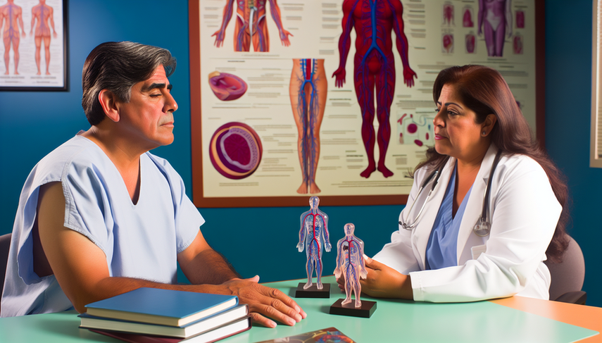 Un paciente hispano de mediana edad en una consulta médica moderna, conversando con una doctora hispana que sostiene una tableta mostrando un diagrama del sistema circulatorio, enfocándose en las venas. En el fondo, un póster anatómico destaca el sistema venoso. La imagen transmite educación sobre el tratamiento de la trombosis venosa profunda y la prevención de la embolia pulmonar.