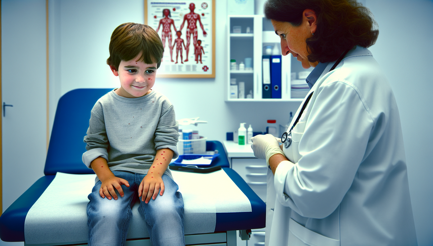 Una pediatra española examina a un niño de 6 años con varicela, mostrando manchas rojas en brazos y cara, en un consultorio médico bien iluminado. La doctora, con bata blanca, refleja un trato profesional y cuidadoso, destacando el enfoque en el tratamiento sintomático y el manejo de la enfermedad.