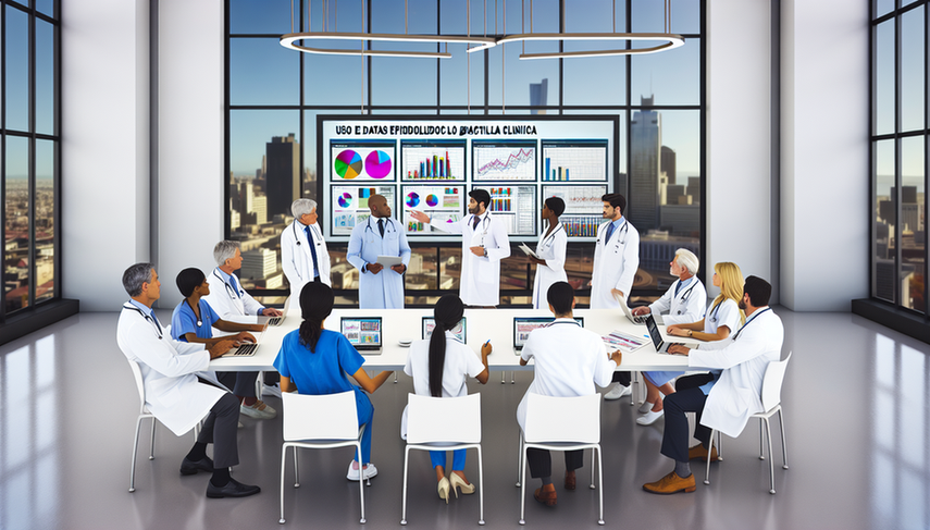 Una sala de conferencias hospitalaria moderna y bien iluminada con un grupo diverso de médicos de diferentes etnias, reunidos alrededor de una mesa con laptops, tabletas y gráficos impresos. En la pantalla grande se muestra una presentación titulada 'Uso de Datos Epidemiológicos en la Práctica Clínica'. Los médicos están en una discusión colaborativa, algunos señalando la pantalla y otros tomando notas, reflejando un ambiente de trabajo en equipo y enfoque en la práctica basada en evidencia.