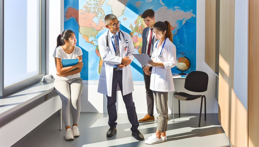 A diverse group of medical doctors and a patient discuss vaccination and prophylaxis for international travel in a modern medical office. A world map on the wall highlights travel destinations, creating a professional and welcoming atmosphere focused on yellow fever and malaria recommendations.