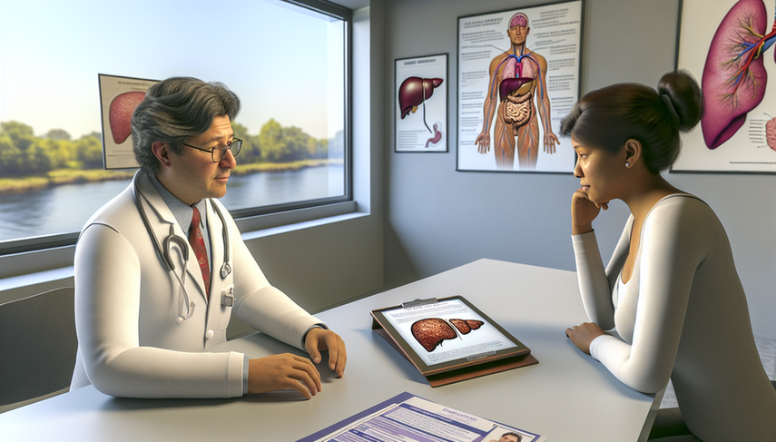 Un médico hispano de unos 40 años, con bata blanca y estetoscopio, explica a una paciente hispana de unos 30 años el impacto del valproato en la salud hepática, usando una tableta con un diagrama del hígado. La paciente escucha atentamente, reflejando la importancia de la educación sobre el tratamiento de la epilepsia y sus posibles efectos secundarios como la hepatotoxicidad.