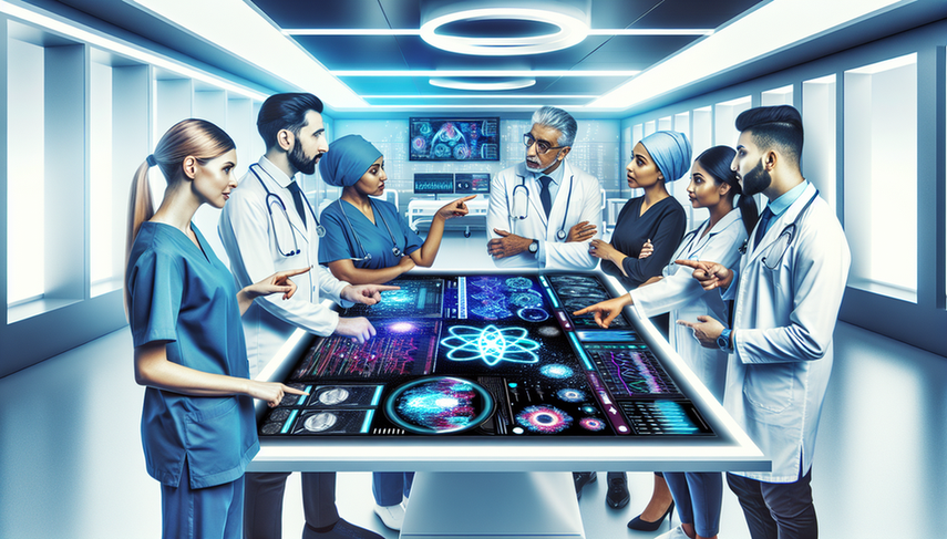 Un grupo diverso de profesionales de la salud, incluidos médicos y enfermeras, se reúne alrededor de una pantalla digital que muestra una interfaz de IA con datos médicos y gráficos coloridos. Los médicos, de diferentes orígenes étnicos, discuten con interés y curiosidad, simbolizando la integración de la IA en la práctica clínica moderna. El entorno es de alta tecnología, con equipos médicos avanzados visibles al fondo.