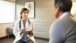Una doctora hispana de mediana edad, con expresión empática, explica un tema médico delicado a un paciente hispano de mediana edad en una oficina moderna y bien iluminada. La doctora sostiene una tableta mostrando un gráfico médico, mientras el paciente escucha atentamente. El ambiente transmite confianza y profesionalismo.