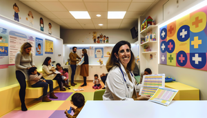 Clínica pediátrica moderna en España con una pediatra española sosteniendo un calendario de vacunación. En el fondo, padres y niños de diversas edades en la sala de espera. Ambiente acogedor y profesional con carteles educativos sobre salud e inmunización.