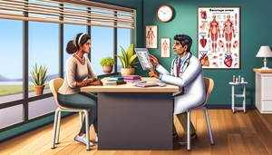 Un médico hispano de unos 40 años, con bata blanca y estetoscopio, explica resultados de análisis de sangre a una paciente hispana de unos 30 años. El médico señala un gráfico en una tableta que muestra niveles de hierro, destacando 
