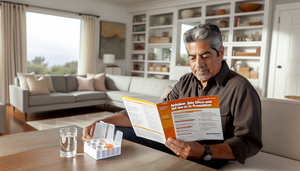 Hombre hispano de mediana edad leyendo un folleto médico sobre apixabán en una sala de estar moderna, con un organizador de pastillas y un vaso de agua en la mesa, simbolizando la gestión proactiva de la prevención de ictus.