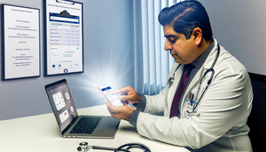 Un médico hispano en un consultorio moderno, vestido con una bata blanca, observa atentamente un smartphone que muestra una interfaz de aplicación médica con gráficos y datos. En el escritorio hay una laptop abierta con una interfaz similar. El entorno resalta la interacción entre la tecnología y la atención médica, subrayando el uso de aplicaciones móviles para el seguimiento de síntomas y diagnósticos precoces.