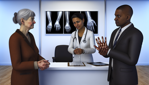 Fotografía de una consulta médica en una clínica moderna. Una doctora hispana de mediana edad examina las manos de dos pacientes: una mujer caucásica mayor con dedos hinchados y deformados, indicativos de artritis reumatoide, y un hombre afroamericano de mediana edad con nudillos agrandados, sugerentes de artrosis. En el fondo, un escritorio con gráficos médicos y una computadora mostrando radiografías de articulaciones. La imagen resalta la importancia del diagnóstico diferencial en artritis.