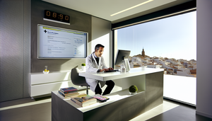 Consultorio médico moderno en España con un doctor hispano de mediana edad, concentrado en una pantalla de computadora que muestra una interfaz de prescripción electrónica. El ambiente es profesional y eficiente, destacando la automatización de recetas y la prescripción electrónica.