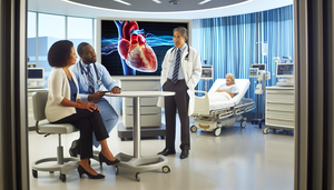 Un grupo diverso de cardiólogos discute frente a una pantalla digital que muestra un modelo 3D de un corazón humano con nuevas técnicas de tratamiento destacadas. Al fondo, una paciente sonriente interactúa con una enfermera en un entorno hospitalario moderno y bien equipado, simbolizando innovación y esperanza en el cuidado cardíaco.