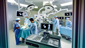 Un quirófano moderno con equipo médico avanzado, donde un equipo diverso de cirujanos realiza un procedimiento laparoscópico mínimamente invasivo. La cirujana principal, una mujer caucásica, maneja un sistema quirúrgico robótico. Monitores de alta tecnología muestran imágenes en tiempo real de la cirugía. Un enfermero afroamericano prepara instrumentos en una mesa estéril. La escena refleja innovación y colaboración en la cirugía mínimamente invasiva.