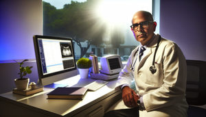 Doctor hispano de mediana edad en su oficina médica, revisando datos hematológicos en una computadora. Lleva una bata blanca y gafas, simbolizando la atención cuidadosa en la gestión de la terapia con azatioprina y sus posibles efectos adversos.
