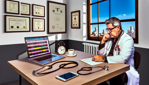 Oficina médica moderna y bien iluminada con un doctor hispano de mediana edad en bata blanca, sentado frente a un escritorio de madera. En el escritorio hay un portátil abierto mostrando un calendario digital, un estetoscopio, una taza de café y un bloc de notas. Detrás del doctor, una ventana grande muestra un día soleado con vistas a la arquitectura típica de Madrid. La atmósfera refleja productividad y gestión eficiente del tiempo.