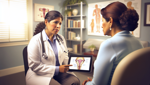 Consulta médica entre una doctora hispana de mediana edad y una paciente hispana, donde la doctora explica con empatía el sistema reproductivo femenino usando una tableta. La escena resalta la importancia de reconocer signos iniciales de cáncer de ovario, como el dolor pélvico, y el uso del marcador CA-125 para un diagnóstico oportuno.