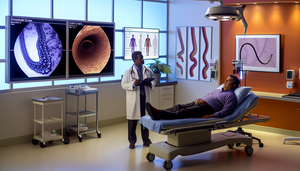Un paciente hispano de mediana edad en una mesa de examen observa un monitor que muestra imágenes endoscópicas del esófago: una con signos de cáncer de esófago y otra con características de acalasia. Una doctora hispana señala las imágenes, explicando las diferencias. El entorno es profesional y educativo, con equipo médico visible.