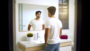 Un joven hispano de 25 años se observa pensativo en el espejo de un baño moderno, simbolizando la importancia de la autoexploración para la detección temprana del cáncer testicular.