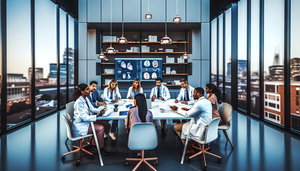 Un grupo diverso de médicos, de diferentes edades y etnias, se encuentra reunido alrededor de una mesa de conferencias en una sala de reuniones moderna y bien iluminada. Están en una discusión animada, algunos tomando notas en tabletas y portátiles, mientras otros observan una pantalla digital grande con gráficos médicos. La atmósfera es profesional y acogedora, reflejando la colaboración e innovación en la capacitación continua y actualización profesional en la práctica médica.