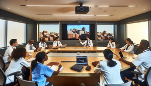 Sala de conferencias de hospital moderna con un grupo diverso de médicos discutiendo casos clínicos de fallos diagnósticos. Un doctor señala una diapositiva titulada 