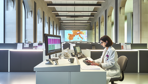 Oficina médica moderna en España con enfoque en eficiencia y tecnología. Una doctora española de mediana edad, con bata blanca y gafas, trabaja concentrada en un ordenador en un escritorio ordenado. En el fondo, una pantalla digital muestra un gráfico de códigos médicos y datos administrativos. La atmósfera es calmada y organizada, reflejando una práctica médica productiva.