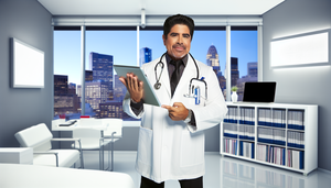 Un médico hispano de mediana edad, con bata blanca y estetoscopio, sostiene una tableta mostrando datos médicos mientras explica algo importante en una oficina moderna. La ventana detrás de él muestra una ciudad activa, simbolizando la conexión con el mundo. En el escritorio hay libros médicos y una laptop, representando la integración del conocimiento tradicional y la tecnología moderna. Su expresión es enfocada y accesible, transmitiendo confianza y autoridad, destacando el papel del médico en la divulgación responsable de información.