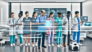 Un hospital moderno con profesionales de la salud de diversas etnias reunidos alrededor de una pantalla digital que muestra análisis de datos y información de pacientes, destacando la integración de la inteligencia artificial. En el fondo, un asistente robótico ayuda a organizar suministros médicos, simbolizando la eficiencia. El entorno refleja colaboración e innovación, subrayando cómo la IA mejora la eficiencia y reduce costes en los sistemas de salud.