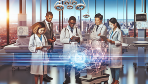 Una sala de hospital moderna con equipo médico avanzado, donde un grupo diverso de médicos y científicos colabora. En el centro, una pantalla holográfica muestra un modelo de computadora cuántica, simbolizando la computación cuántica. Una doctora hispana sostiene una tableta con datos médicos. La escena refleja innovación y colaboración en la integración de tecnología de vanguardia en la medicina.