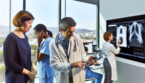 Oficina médica moderna en España con un grupo diverso de profesionales de la salud colaborando. En primer plano, un médico hispano de unos 40 años escucha atentamente a una enfermera de ascendencia africana que sostiene una tableta digital con una historia clínica sintética. Al fondo, una doctora asiática joven toma notas mientras un médico caucásico de mediana edad señala una pantalla digital con un gráfico simplificado del paciente. La escena resalta la comunicación efectiva y el trabajo en equipo en la atención médica.