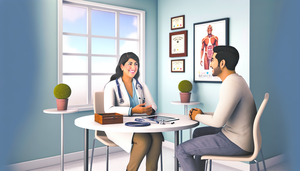 Una consulta médica moderna y luminosa con una doctora hispana en sus 40s, sonriendo y escuchando atentamente a un paciente hispano en sus 30s. La doctora sostiene una tableta mientras el paciente, relajado, gesticula al hablar. En el escritorio hay herramientas médicas y una planta, creando un ambiente acogedor que resalta un enfoque centrado en el paciente.