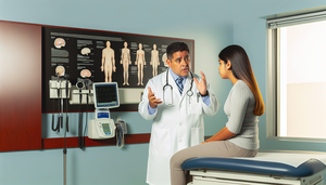 Un médico hispano de mediana edad, con bata blanca y estetoscopio, explica con gestos a una joven paciente hispana sentada en la camilla de un consultorio bien iluminado. En la pared, hay un gráfico médico con diagramas del cerebro y el corazón, sugiriendo temas de epilepsia y síncope. La escena refleja profesionalismo y empatía en la comunicación.