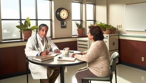 Un médico hispano de mediana edad, con expresión reflexiva, está sentado en una mesa redonda en una habitación de hospital iluminada naturalmente. Lleva una bata blanca y un estetoscopio, y tiene libros de medicina abiertos y notas escritas a mano frente a él. Una mujer hispana mayor, con una sonrisa tranquila, lo escucha atentamente. La escena transmite calidez, profesionalismo y empatía, reflejando un entorno de confianza para discutir temas como demencia y delirio.