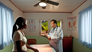 Un médico de mediana edad de ascendencia del sudeste asiático examina a una paciente joven de ascendencia africana en una clínica tropical. El médico lleva una bata blanca y un estetoscopio, sosteniendo un portapapeles con notas médicas. La paciente está sentada en una camilla, luciendo fatigada pero tranquila. La clínica es modesta, con un ventilador de techo y una ventana que muestra vegetación tropical. En la pared hay un cartel sobre prevención de mosquitos. La imagen destaca la interacción clínica, relevante para el diagnóstico diferencial entre dengue y malaria.