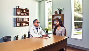 Consultorio médico iluminado con un doctor hispano de mediana edad en bata blanca, escuchando atentamente a una joven hispana. La escena refleja un ambiente cálido y acogedor, ideal para una evaluación psiquiátrica centrada en la depresión mayor y el trastorno bipolar.