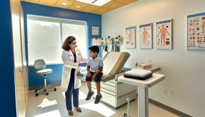 Una pediatra alergóloga hispana, con bata blanca y sonrisa cálida, explica a un niño hispano de 8 años el procedimiento del prick test en una sala de examen médica moderna. El niño, sentado en la camilla, muestra curiosidad y algo de nerviosismo. En el fondo, se observan frascos con alérgenos y un ambiente profesional y acogedor, resaltando la importancia del diagnóstico preciso en alergias alimentarias.
