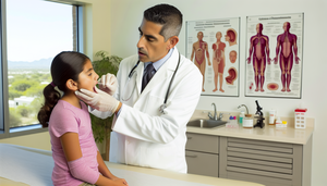 Fotografía de un médico hispano de unos 40 años, con bata blanca y estetoscopio, realizando un frotis faríngeo a una niña hispana de unos 10 años en una sala de examen médico. La niña está sentada en la camilla, tranquila y cooperativa. En el fondo, se observa un gráfico anatómico de la garganta en español. La imagen resalta el proceso diagnóstico de la amigdalitis.