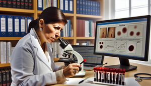 Doctora hispana de unos 40 años examinando una muestra de sangre bajo un microscopio en un laboratorio médico. En la mesa hay tubos de ensayo etiquetados, uno marcado como 