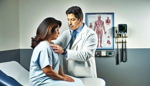 Un médico hispano de unos 40 años, con bata blanca y estetoscopio, ausculta atentamente el pecho de una paciente hispana en la treintena, sentada en una camilla y vistiendo una bata de hospital azul claro. En la pared, un gráfico del sistema respiratorio humano. El entorno es profesional, con equipo médico organizado, destacando el proceso de diagnóstico de bronquitis aguda y la exclusión de neumonía.